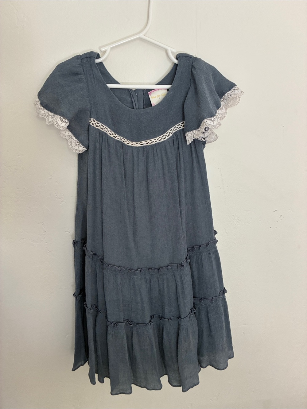 Girls' Slate Blue Ruffle Tiered Dress with Lace Trim